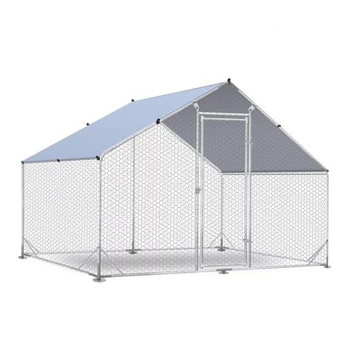 Outdoor Metal Chicken Coop Large Walk-in Poultry Cage Spire-Shaped Chicken Run with Waterproof and Anti-Ultraviolet Cover for Outside,Backyard and Farm,6.5\' L x 9.8\' W x 6.4\' H