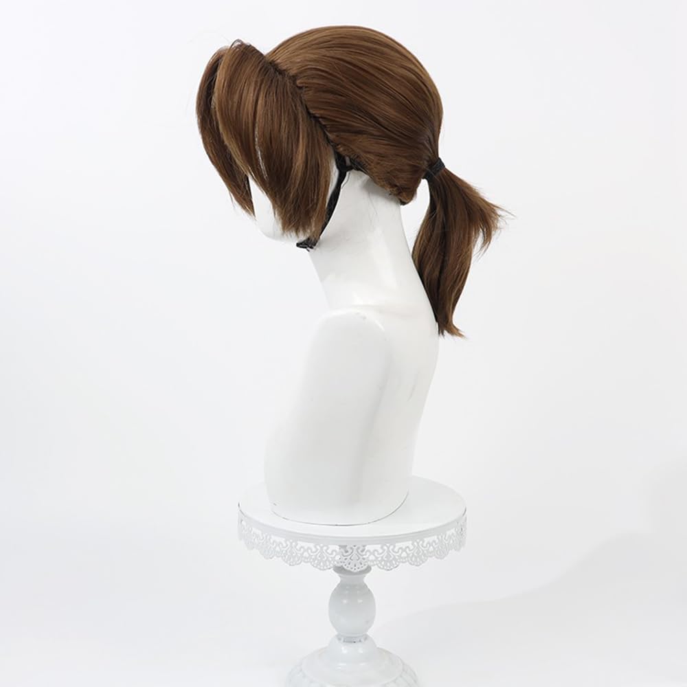 Deep Brown Anime Cosplay Wig Men's Short Ponytails Hair with Bangs Synthetic Heat Resistant Wig for Costume Party