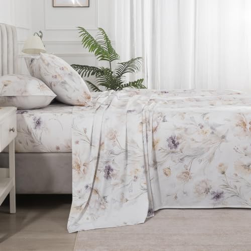 Image of Vintage Brown Floral Percale Sheets Queen Size, Deep Pocket, 4Pcs | 100% Cotton White Sheet Set, Patterned Farmhouse Bed Sheets, French Country Bedding, Warm Sand Flower, Botanical, Soft Crisp