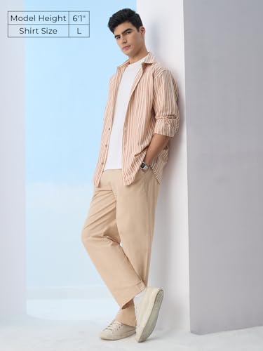Image of The Souled Store Cotton Linen Stripes: Apricot Men and Boys Long Sleeves Collared Neck Orange Stripes Regular Fit Lightweight Comfortable Summer Cotton Linen Shirts