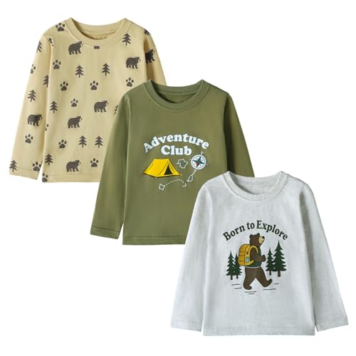 HILEELANG Baby Boys Long Sleeve T-Shirts – Soft Cotton 3-Pack Graphic Tees, Adventure Camping Hiking Tops for Fall Winter (Beige/Green/Gray) 18M