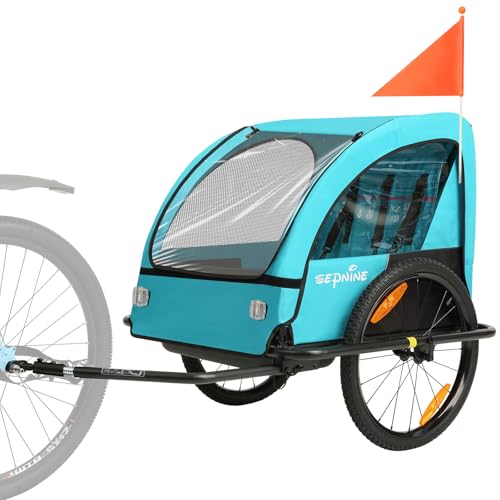 Image of Sepnine Kids Bike Trailer, Suitable for 1 to 2 Children, Double Seat, Universal Coupler, Foldable, Canopy with Bug Screen and Weather Shield, with 5-Point Harness and Storage Bags