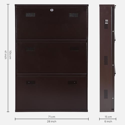 Image of Metal Shoe Rack Wall Mounted for Home with Central Locking | 3 Door 28 inch Wall Mounted Metal 9 Pair Shoe Rack Cabinet | Pre-Assembled Rack Shelves | 3 Year Warranty (Brown)