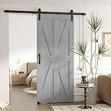 Pipleo 30,32,36in x 84in Barn Door, with 5ft Barn Door Hardware Kit & Handle, Floor Guide Included, DIY Unfinished Sliding Door, Solid Hemlock Wood, Pre-Drilled (X Brace - Gray, 30'x84')