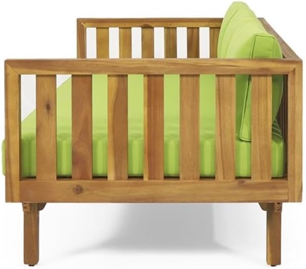 Pemberly Row 68" Outdoor Daybed, Teak Brown Acacia Wood, Green Water-Resistant Cushions, Slat Backrest, Weather-Resistant Patio, Garden, Porch Lounging Furniture, 67.75 x 32.25 x 24 Inches