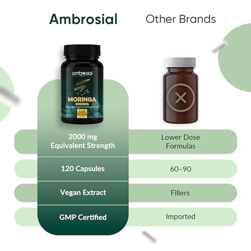 Image of Ambrosial Moringa Capsules 2000mg | Moringa Leaf Extract | Plant-Based Herbal Supplement | Natural Wellness Support | 120 Vegan Capsules