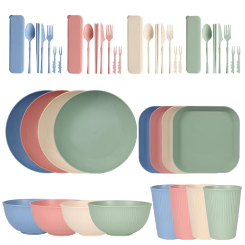 44Pcs Plastic Dinnerware Sets, Plastic Plates and Bowls Sets with Cups, Cutlery, Suitable for 4 People, Reusable Lightweight Serving Sets, Easy to Carry and Clean