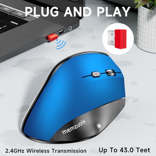 Image of memzuoix Ergonomic Vertical Wireless Mouse - 2.4G Optical Cordless Mice with 3 DPI Levels (800 /1200 /1600) - Right-Handed Large Size Mouse for Laptop, Mac, PC, Desktop-Blue