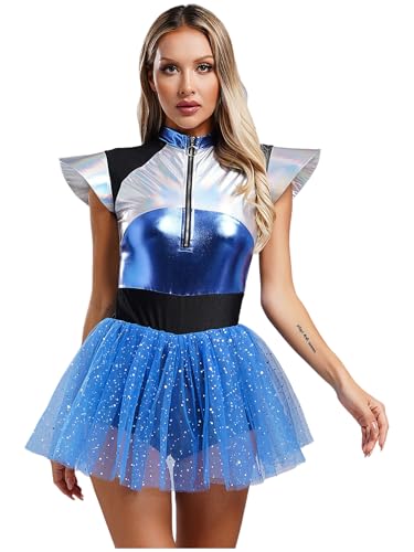 Miutii Womens Alien Astronaut Cosplay Costume Tulle Skirt Leotard Alien Dress Jumpsuit Halloween Fancy Dress Up Blue S
