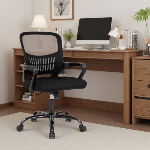Image of DUMOS Office Desk Mesh Chair - Ergonomic Mid Back with Lumbar Support & Rocking Mode, Height Adjustable with Fixed Armrest, for Home, Computer, Meeting Room, 360 Swivel, Adults, Adults, Black