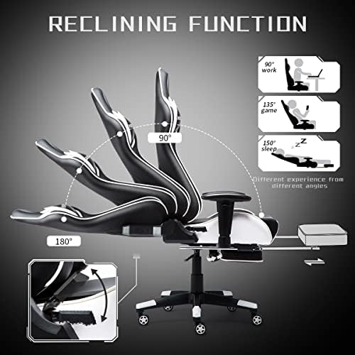 NOKAXUS Gaming Chair Large Size High-back Ergonomic Racing Seat with Massager Lumbar Support and Retractible Footrest PU Leather 90-180 degree adjustment of backrest Thickening sponges(Yk-6008-white)