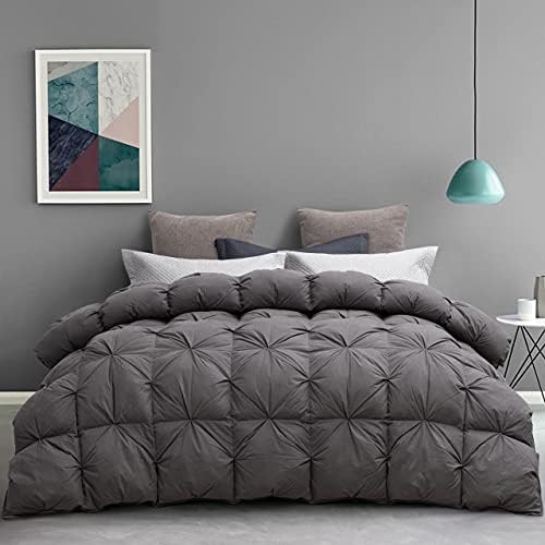 L LOVSOUL Pinch Pleat Down Fiber Comforter Queen Duvet Grey Comforter 100% Cotton 750+ Fill Power Insert 1200 Thread Count with Corner Tabs for All Season 90x90Inches
