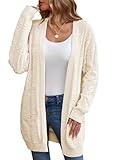 Famulily Women's Fall Winter Long Sweaters Cardigan Hollow Knitted Open Front Long Sleeve Cardigans (L, Beige)