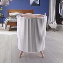 سلة مهملات بتصميم مبتكر بغطاء منزلق وأرجل خشب للديكور، لون أسود وبيج