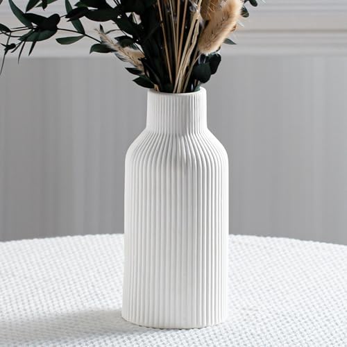 Hanaomaoyi Bohemian White Ceramic Vase - for Pampas Grass, Mantel, Bookshelf, Entryway and Living Room Decor (White, 8in)