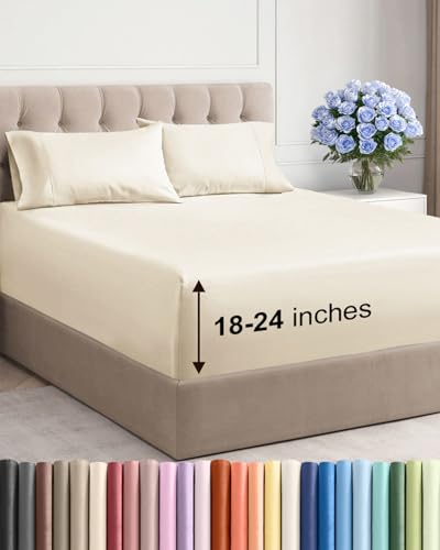 Extra Deep Pocket Queen Sheet Set - 4 Piece Breathable & Cooling Bed Sheets - Hotel Luxury Sheet Set - Soft, Wrinkle Free and Comfy - Easily Fits Extra Deep Mattresses - Deep Pocket Off White Sheets