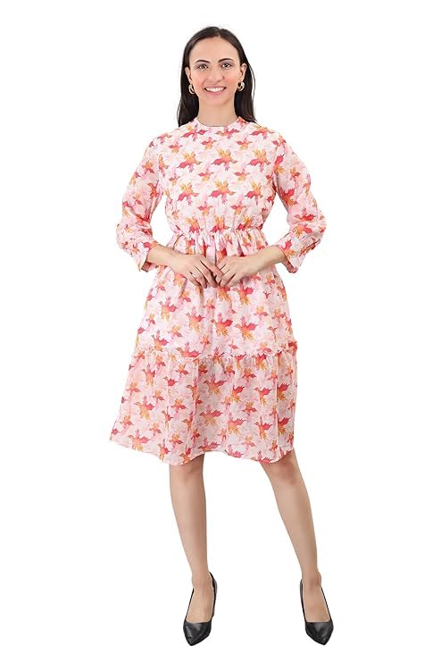 Image of A-Line Floral Printed Fit & Flared Western Brown Dress for Women | One Piece Midi Dress for Women Stylish Western Printed Dresses