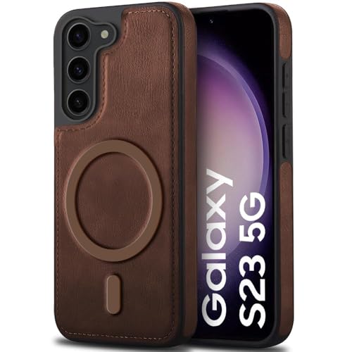 Image of TheGiftKart Genuine Leather Finish Back Cover Case for Samsung Galaxy S23 5G | Shockproof Design | Raised Edges for Camera & Screen Protection | Stunning Minimalist Design (MagSafe Compatible, Brown)