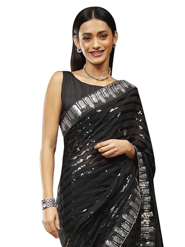 AKHILAM Women's Georgette Embellished Saree With Unstitched Blouse Piece(Black_BITTI573_JR11) Deal