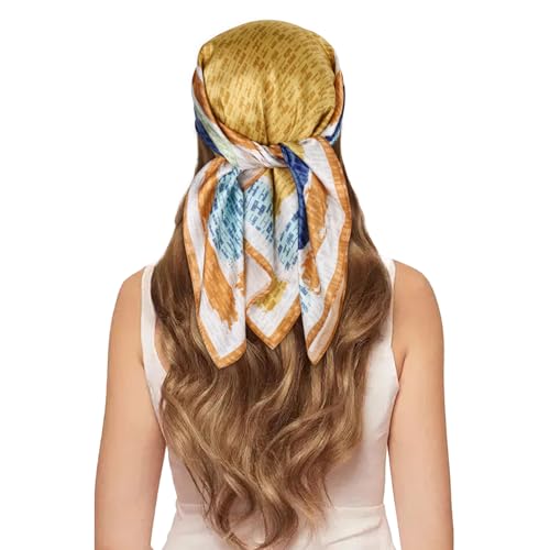 EXTREE 100% Pure Mulberry Silk Scarf Fashion Hair for Women Scarf Lightweight Square Neckerchief 27.5× 27.5 inches Different Lines Yellow Edge