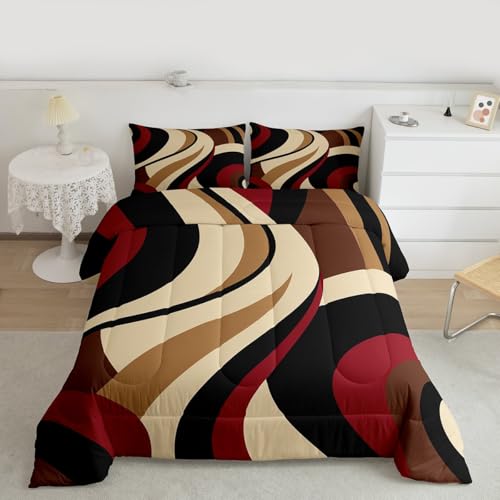 Red Brown Spiral Queen Comforter Set for Adult Women Men Modern Swirls Stripes Abstract Bedding Set for Minimalists Boho Aesthetic Geometric Bed Sets Graffiti Art Lines Quilt Duvet Insert