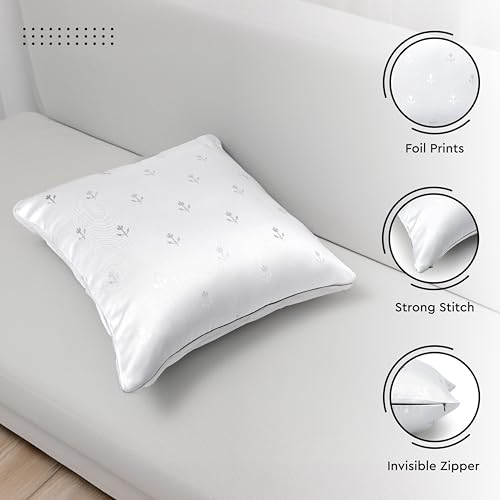 Image of Encasa XO Silver Foil Cushion Covers, Pillow Cases, No Inserts Grey | 16 inchx16 inch | Heavyweight Satin Weave | Concealed Zipper | Machine Washable | Set of 2