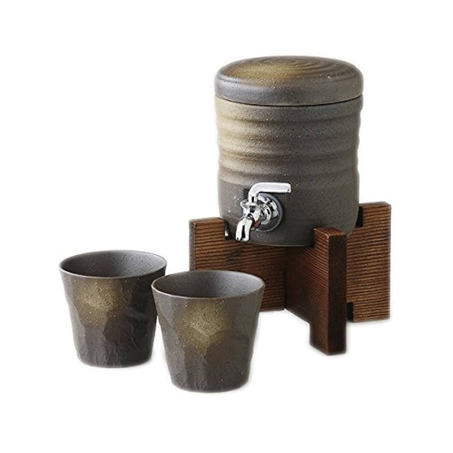 焼酎サーバー 陶器製 木製台付き 陶器製熟成焼酎サーバー「800ml」 (陶器カップ2個付き,木製