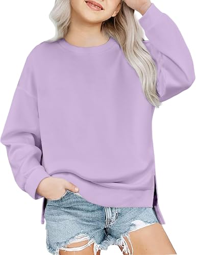 Image of Arshiner Girls Crewneck Sweatshirt Long Sleeve Pullover Tops Drop Shoulder Sweatshirts Side Split | Drop Shoulder Sweatshirt Cute Casual Sweatshirt Fall Winter Sweatshirts