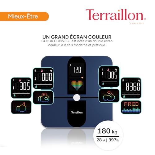 TERRAILLON - COLOR CONNECT - Balance connectée Bluetooth, Fréquence cardiaque, Masses:graisseuse-musculaire-hydrique-osseuse, IMC, Capacité 180 kg, Graduation 50g, Ecran Multi affichage Couleur, Bleu – Image 5
