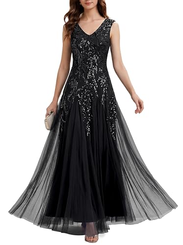 Ever-Pretty Women's Sequin V-Neck Formal Evening Dresses Cap Sleeves Ball Gowns Prom Dress Black US8