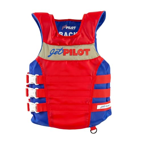 Jetpilot Vintage Class Nylon U.S. Coast Guard Approved Life Jacket PFD. Side Entry 3-Buckle Boating & Jet Ski Vest (Red Blue, Large & X-Large)