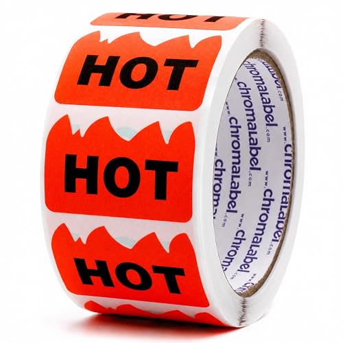Image of ChromaLabel Hot Stickers, 2 x 1.25 Inch Fluorescent Red Orange Flame Labels, 500 /Roll, Rave Hot Stickers for Parties, Festivals, Events, Hot Sauce, Spicy Food & Retail Marking