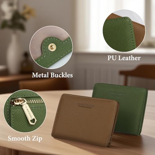 WishLotus Small Wallet for Woman, Leather Credit Card Holder Wallet with Zipper Coin Pocket, Compact Bifold Wallet Mini Purse with ID Window (Green)4