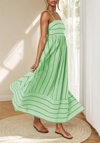 Image of Women's Summer Striped Maxi Dress Spaghetti Strap Sleeveless Smocked Trendy Flowy Beach Long Dresses