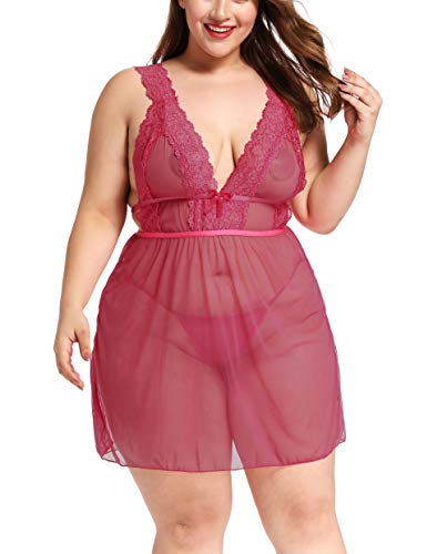 Women Lingerie Lace Babydoll V Neck Chemise Sexy Plus Size Mesh Sleepwear (Rose red, L)