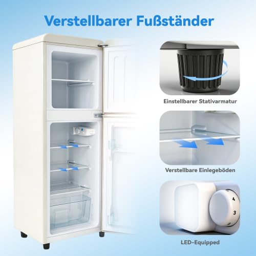 Petit réfrigérateur avec congélateur 112 L, mini frigo compact 2 portes, thermostat 7 niveaux, LED, clayettes ajustables, chambre et bureau, crème