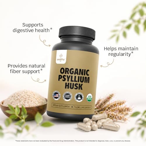 Image of Organic Psyllium Husk Capsules 750 mg, Natural Fiber Supplement for Gut Health* - Alternative to Psyllium Husk Powder, Zealthy Life, 250 Capsules