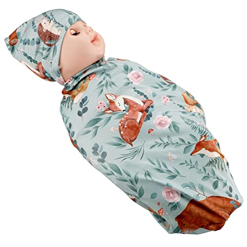 Image of TANOFAR Newborn Swaddle Blanket with Beanie Set,Soft Stretchy Blanket for 0-3 Months Baby Boys and Girls Woodland Animals