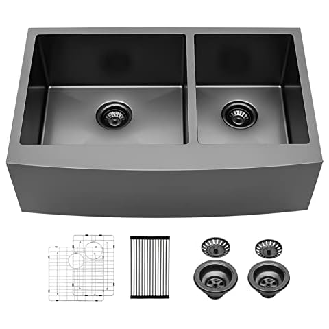 36 Black Farm Sink - Lordear 36 inch Farmhouse Kitchen Sink Apron Front Gunmetal Matte Black 16 Gauge Stainless Steel Double Bowl 60/40 Farm Kitchen Sink Cover