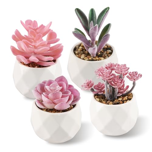 ALANGDUO 4 Mini Suculentas Artificiales, Planta Artificial Pequeña en Maceta Blanca, para Hogar, Jardín, Oficina, Balcón, Ventana, Escritorio, Decoración de Habitación,Rosa