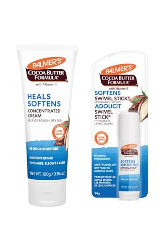 Duo Palmer Baume à lèvres de 14 g et crème de 100 g pour les mains, coudes et genoux à base de beurre de cacao et de vitamine E.