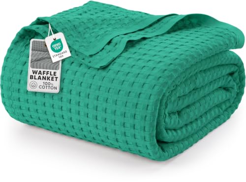 Utopia Bedding Cotton Waffle Blanket 300 GSM (Emerald Green - 90x90 Inches) Soft Lightweight Breathable Bed Blanket Queen Size Layering Any Bed for All Season