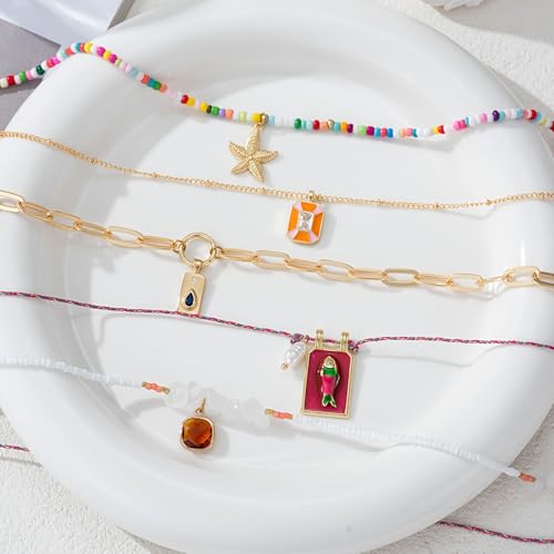 Pendant Necklace Set Bohemian Style Beaded Fish Star 5 Layered Collarbone Chain, Handcraft Jewelry Accessory for Vacation Party Daily Accessories4