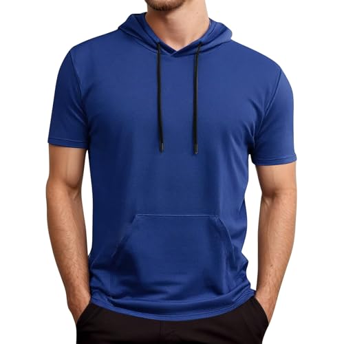 Short Sleeve Hoodies for Men Cotton Hooded T Shirts Lightweight Sweatshirt Thin Hoodie Gym Shirt