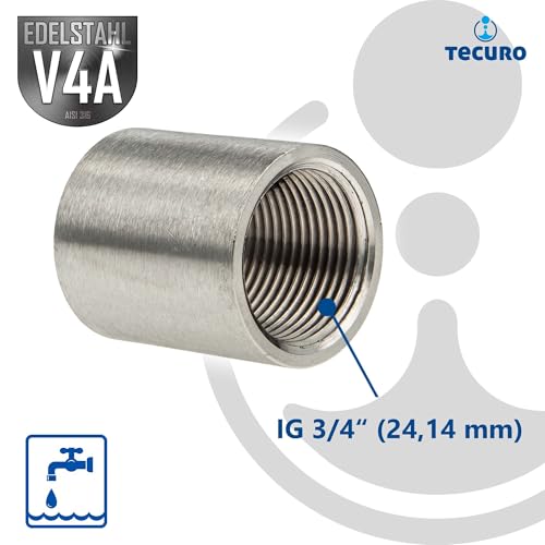tecuro 2 x Schweißmuffe - Muffe Gewindefitting Edelstahl V4A (AISI 316), IG - 3/4 Zoll
