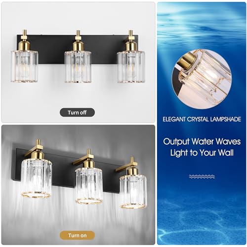 Image of Black and Gold Crystal Bathroom Vanity Lights, 3-Lights Bathroom Light Fixture Over Mirror, 20 Inch Modern Farmhouse Vanity Light, Brass Gold Bath Wall Sconce for Bath Mirror Kitchen Hallway Cabinet
