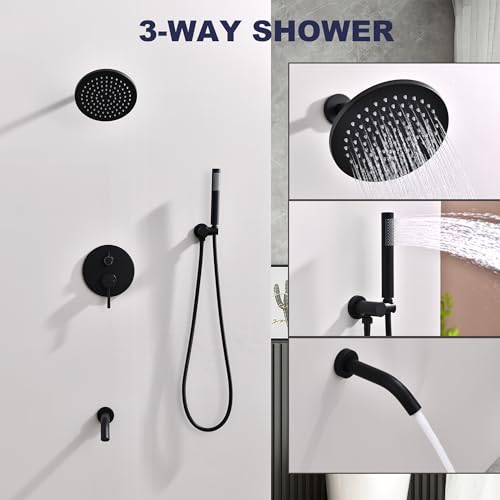 RF SUNUAN Shower System with Tub Spout, Black Bathtub Shower Faucet Set, 8" Rain Shower Head and Handheld Spray Combo, Round Shower Head and Handle Set with Tub Spout (Valve Included), Matte Black by RF SUNUAN - Image 4