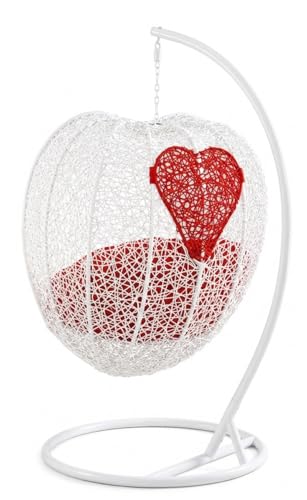Image of Hindoro Rattan Wicker Wrought Iron Single Seater Swing Chair with Stand & Cushion & Hook Outdoor || Indoor || Balcony || Garden || Patio || Living Outdoor Furniture (White with Red, Unique Shape)