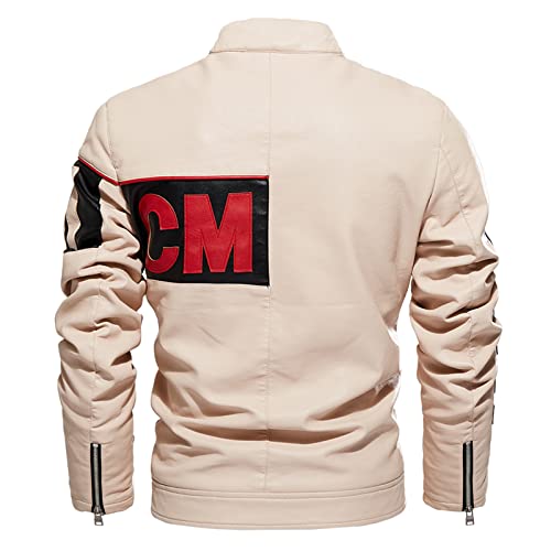 Men's Faux Leather Jacket Motorcycle Jacket Waterproof Windproof Pu Moto Outerwear Vintage Bomber Autumn Winter,White,L(168 #TOP29