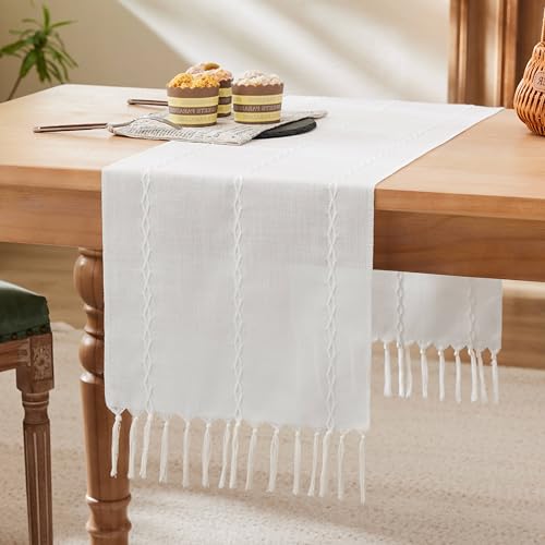 YZJZEDS Braided Farmhouse Table Runner, Braided White 13x36 Inch, Cotton Linen Table Runners 36 Inches Long, Embroidered Striped White Boho Table Runner Rustic Home Decor